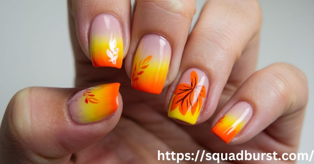 Long Fall Nails with Accent Nails: fall nail ideas with leaves