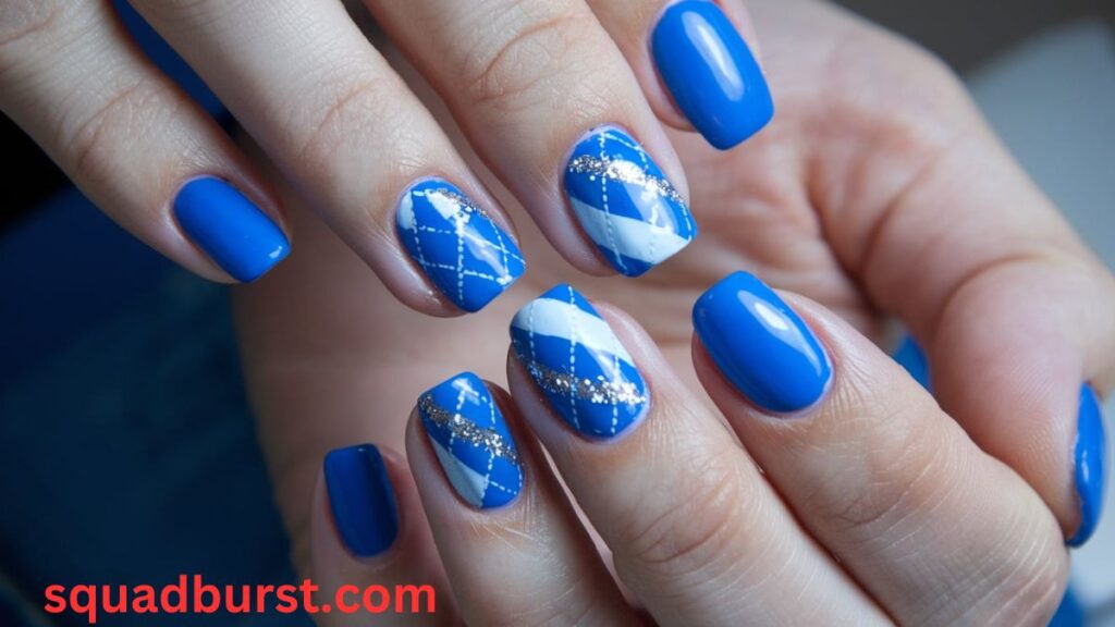 Blue nails with argyle and silver glitter accents: Blue Fall Nail Designs
