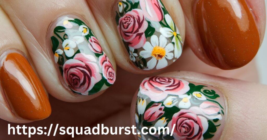 Burnt Orange Nails Featuring Floral Designs