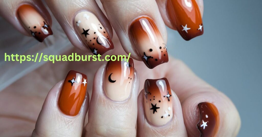 Burnt Orange Nails with Celestial Designs