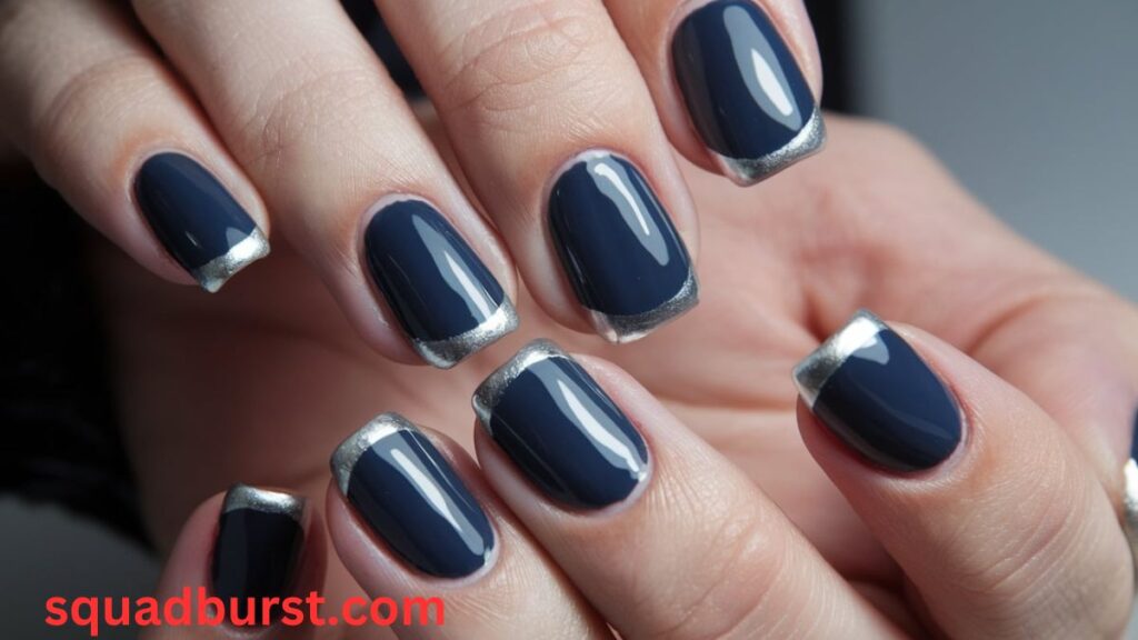 Dark blue Frenches with silver accents: Blue Fall Nail Designs
