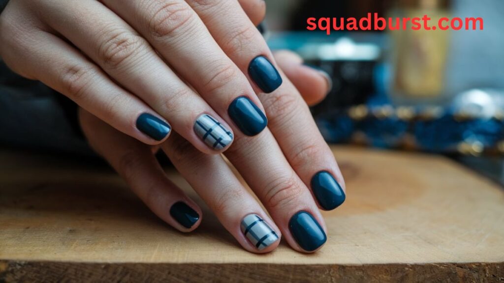 Dark blue nails with gray and plaid accents: Blue Fall Nail Designs
