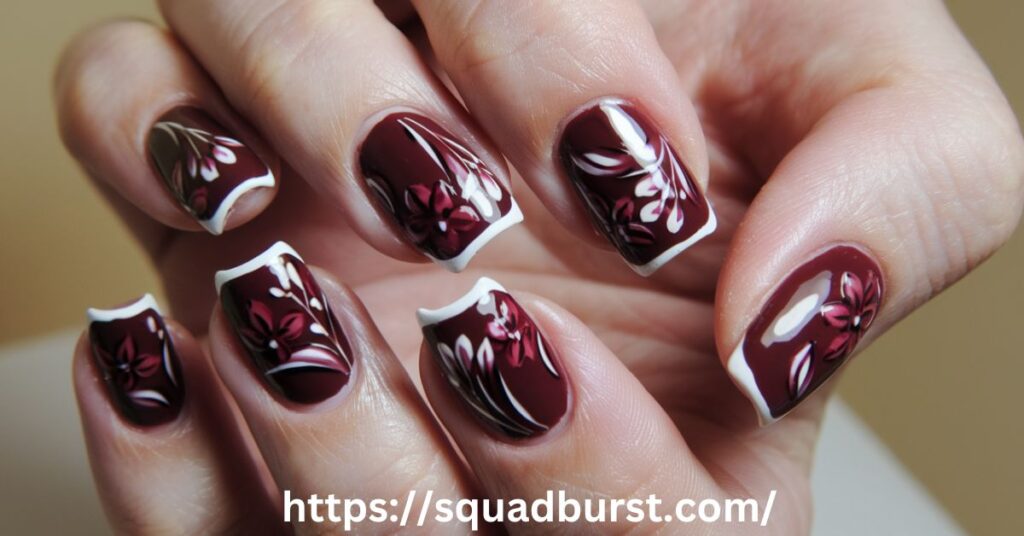 Different Design Patterns in Deep Red Florals and Gold for Natural Fall Nail Designs