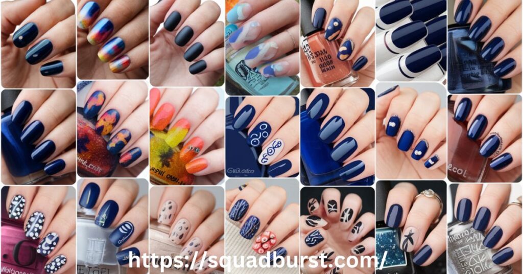 Blue Glossy Nails with Abstract Designs: blue fall nail design