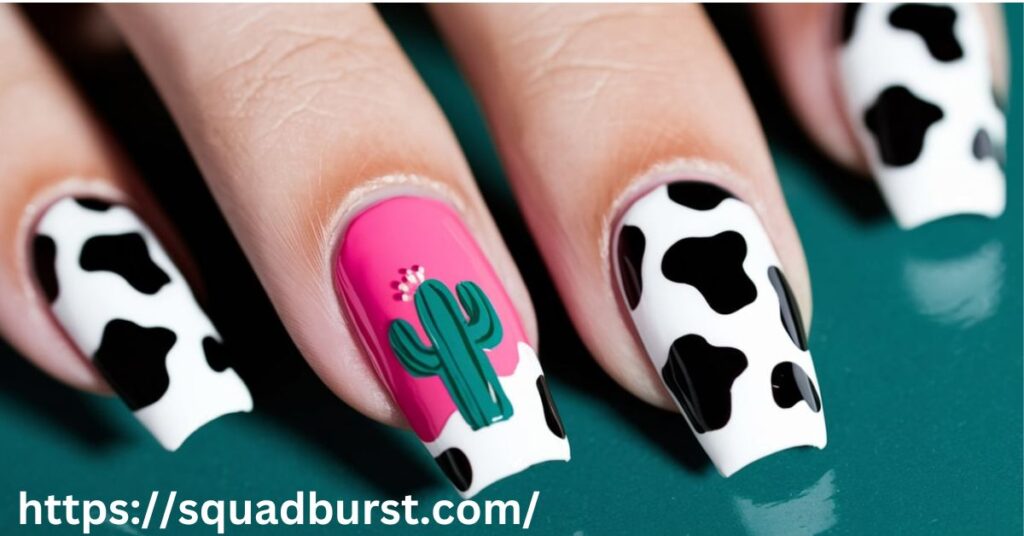 Hand-Painted Cow Print & Cactus Nails