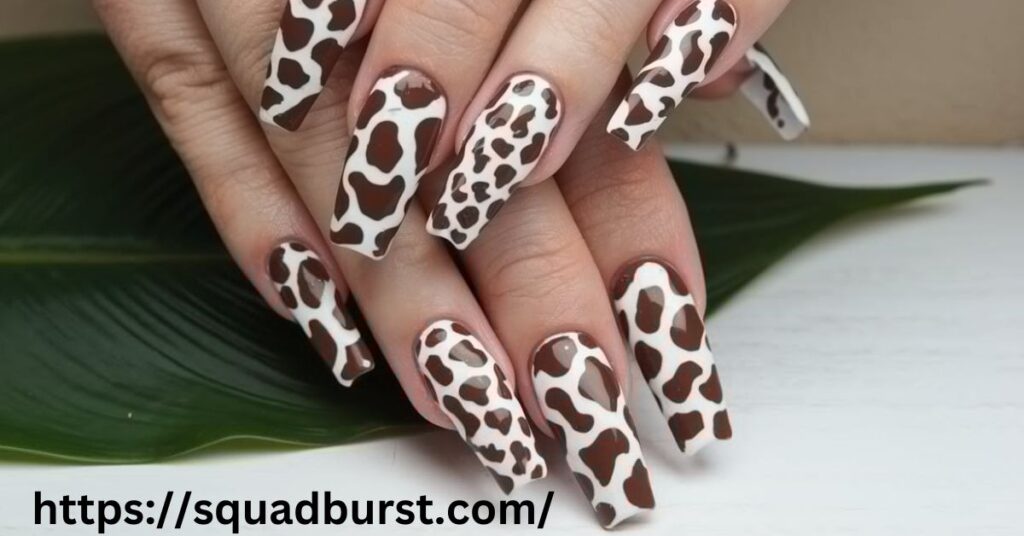 Long Brown Cow Print Nails country western nail designs