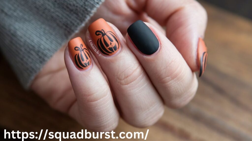 Pumpkin Spice Matte Nails with Black Accent