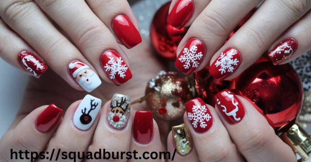 Red Base Holiday Nail Art with Classic French Tip