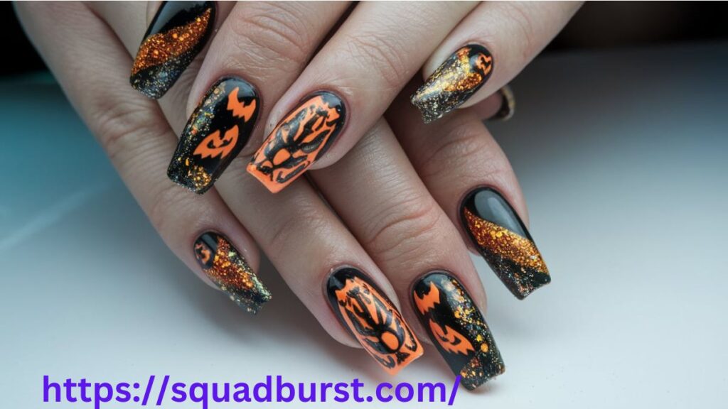 Sparkling Halloween Nails with Glitter Accents butterfly nail art designs