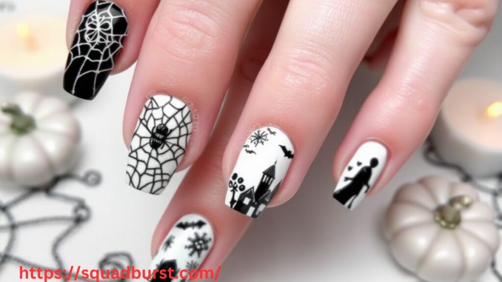 28 Hauntingly Beautiful Black and White Halloween Nail Designs